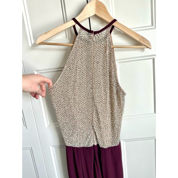 XSCAPE Illusion Cutaway High Neck Jersey Gown Maroon Caviar Beading #XS8264 - Picture 8 of 16